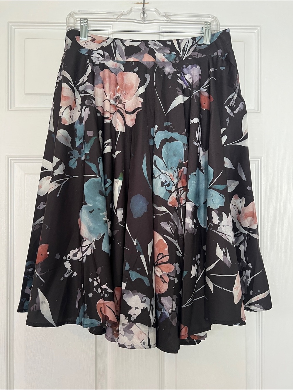 SHEIN Black Circle Skirt with Blue & Coral Floral Print